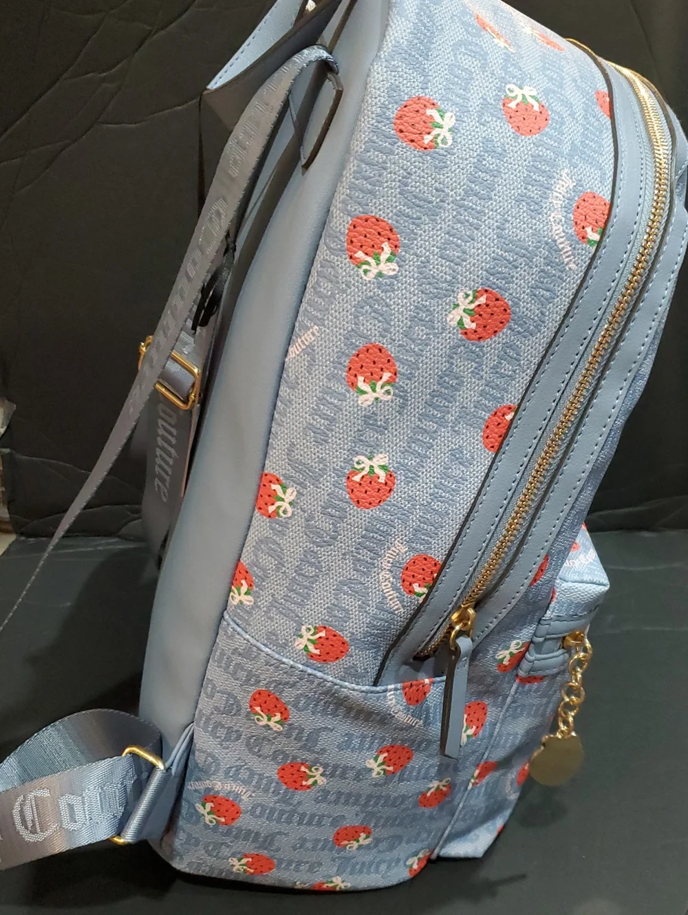 Juicy Couture berry sweet dusty blue red strawberry print monogram backpack new